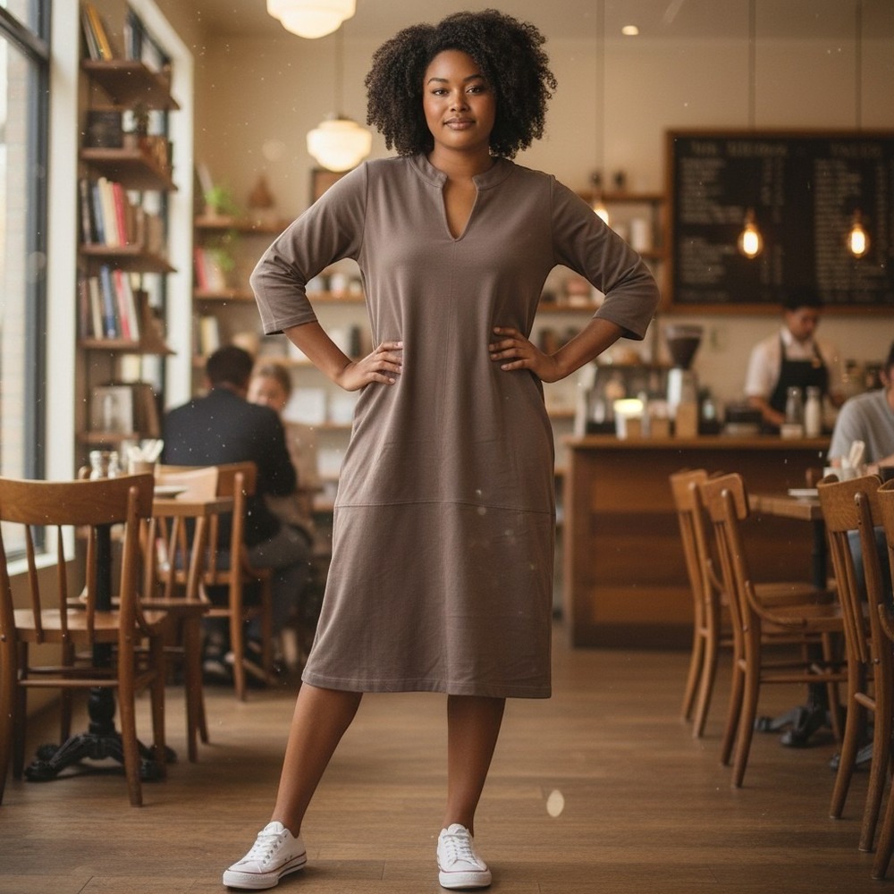 Dear Scarlett MDS-PORTFOLIOR Mocha Brown Split Neck Midi Dress Pockets 1X NEW